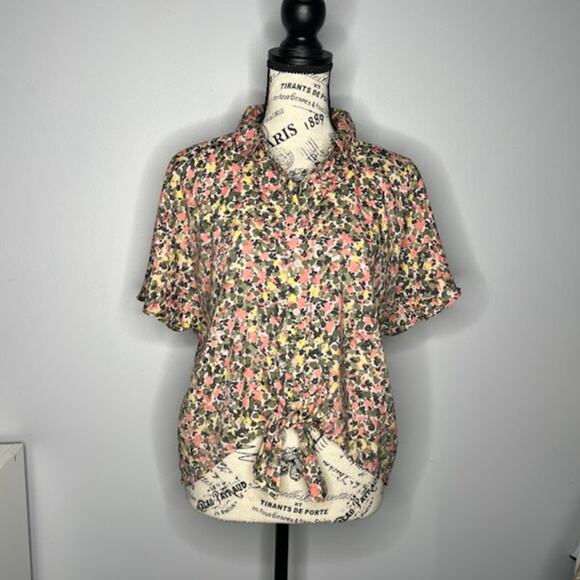 Nine West (M) Floral Button Up Front Tie Collared Short Sleeve Shirt Blouse Top - Picture 12 of 12